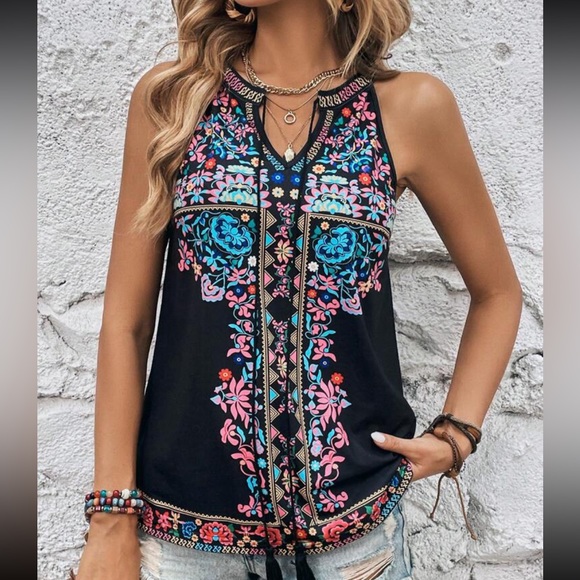 Boho Floral Print Tank Top Blouse Shirt Blue - Picture 9 of 10